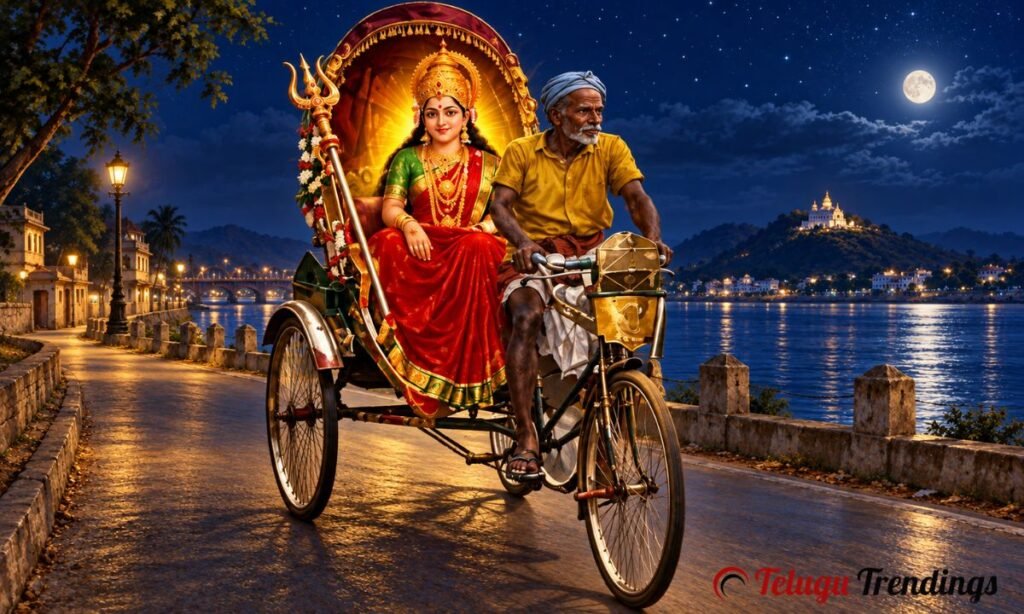 కనకదుర్గమ్మ మహిమ కథకు ఊహాచిత్రం — రాత్రివేళ వెంకన్న నడుపుతున్న రిక్షాలో అమ్మవారు