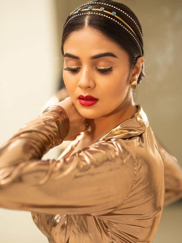 Sreemukhi Hot Stills in Gold Color Bodycon Dress