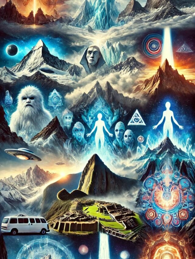 An artistic collage of 13 mysterious mountains known for legends and supernatural phenomena.