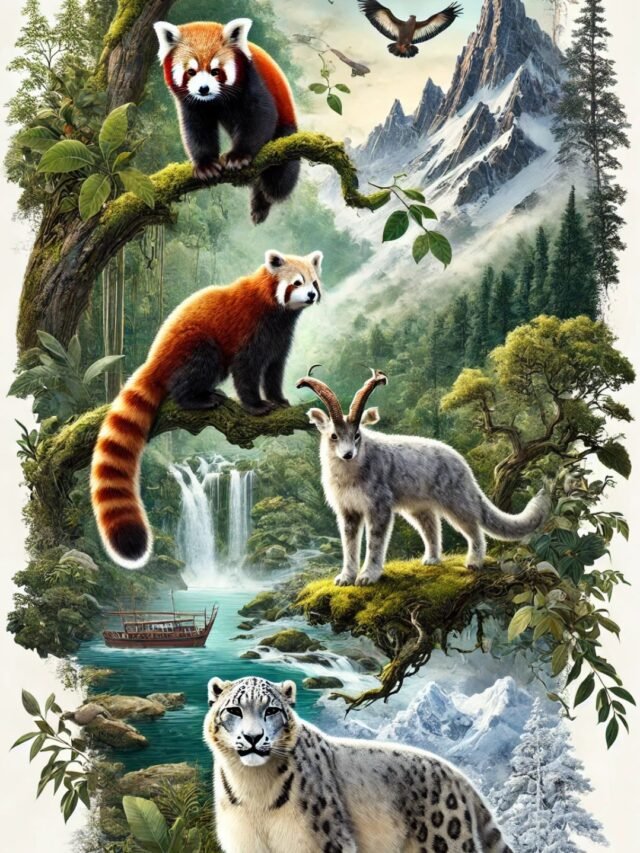 Illustration showing 10 rare animals found only in Asia including Red Panda, Saola, and Snow Leopard