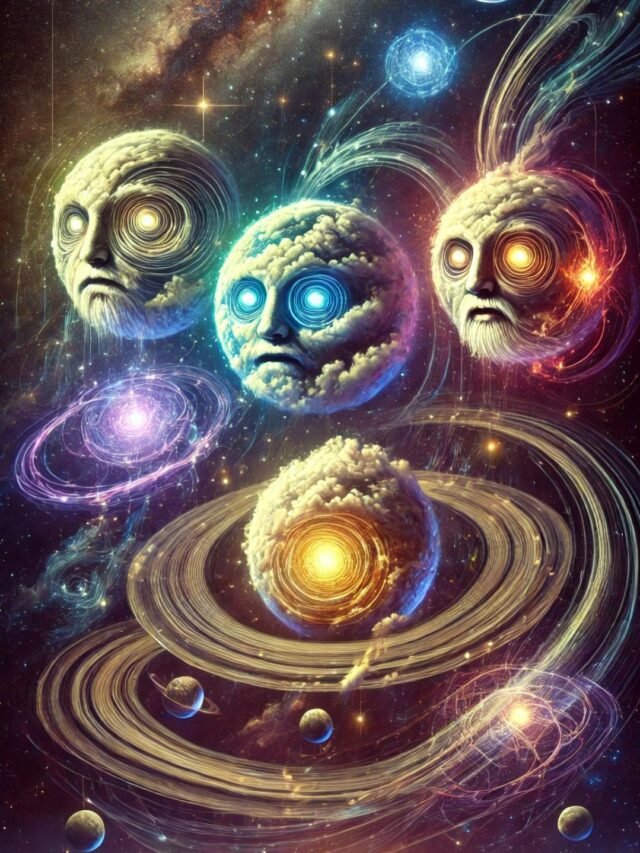 Illustration of planets imagined as intelligent or living cosmic beings in space