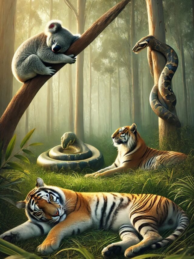 A group of animals known for sleeping more than humans, including a koala, python, and tiger