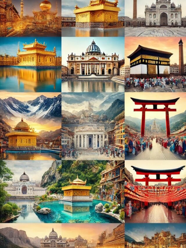 A collage of the most beautiful religious places on Earth including temples, churches, and mosques
