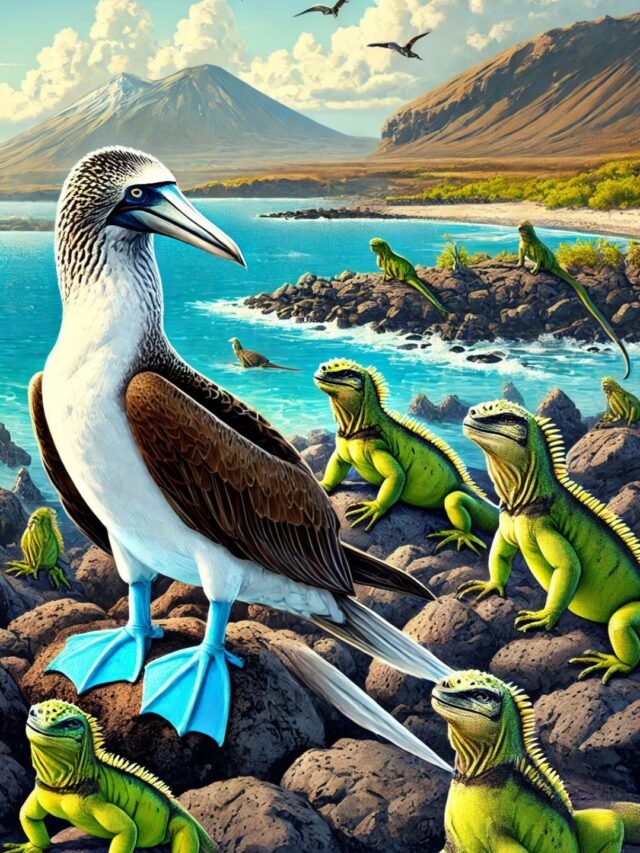 Blue-footed boobies and marine iguanas on the Galápagos Islands