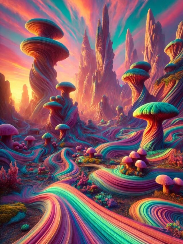 A surreal alien-like landscape on Earth with unusual rock formations and vivid colors
