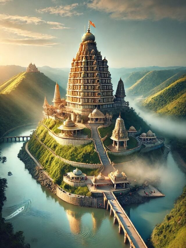 A Hindu temple built on a hill with a river flowing nearby, symbolizing spiritual energy