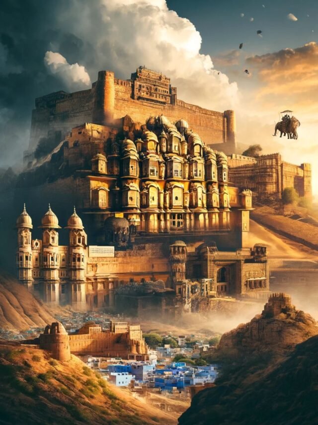 Scenic view of top tourist places in Rajasthan including forts, lakes, and palaces