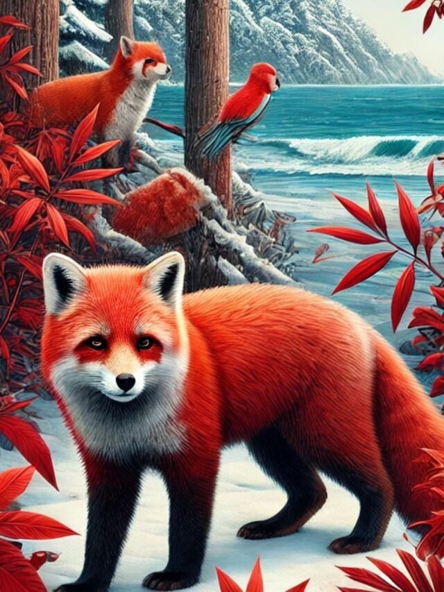 A collage of beautiful red-colored animals including fox, panda, parrot, and crab