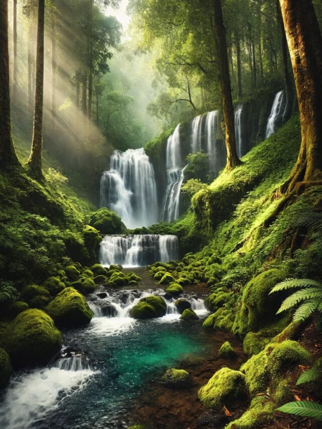 A hidden waterfall flowing through lush green forest in India, showcasing untouched natural beauty