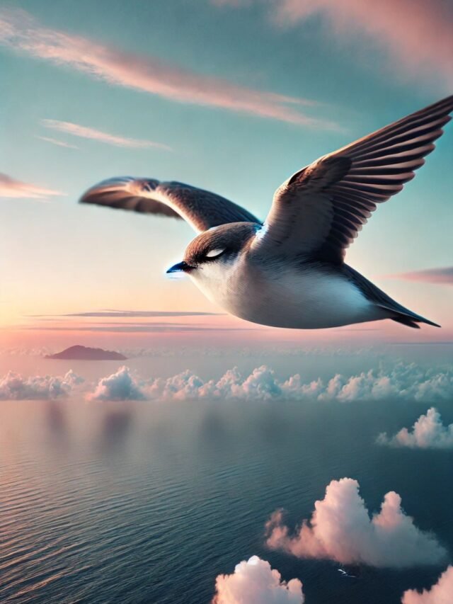 A bird peacefully sleeping mid-air while flying over the ocean