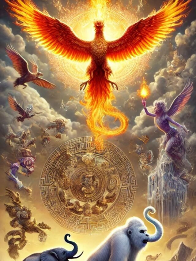 Illustration showing mythical creatures like dragon, phoenix, yeti, naga, and others from different cultures