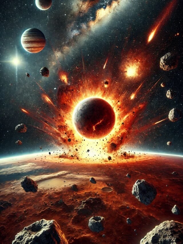 Illustration of Mars exploding into fragments in space with debris flying