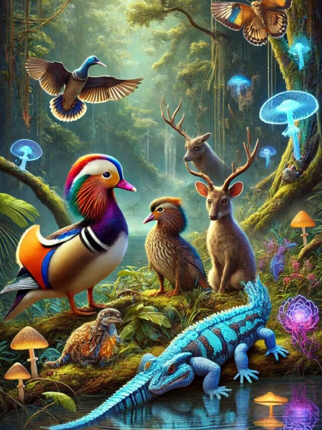 A collage of 10 cool-looking wild animals with vibrant colors and unique appearances