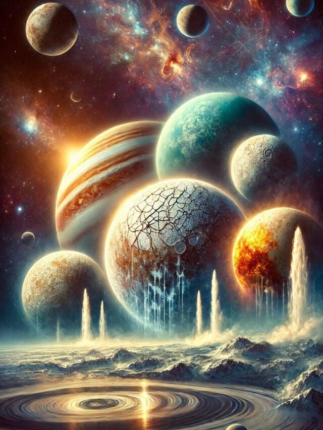 Illustration showing mysterious moons of our solar system with planets in the background