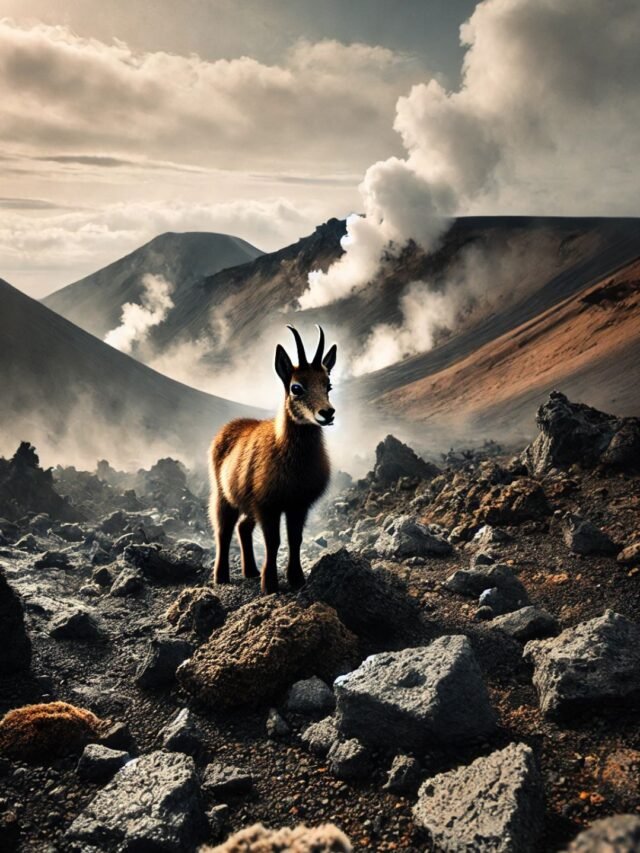 A wild animal standing near a rocky volcanic terrain with steam rising in the background