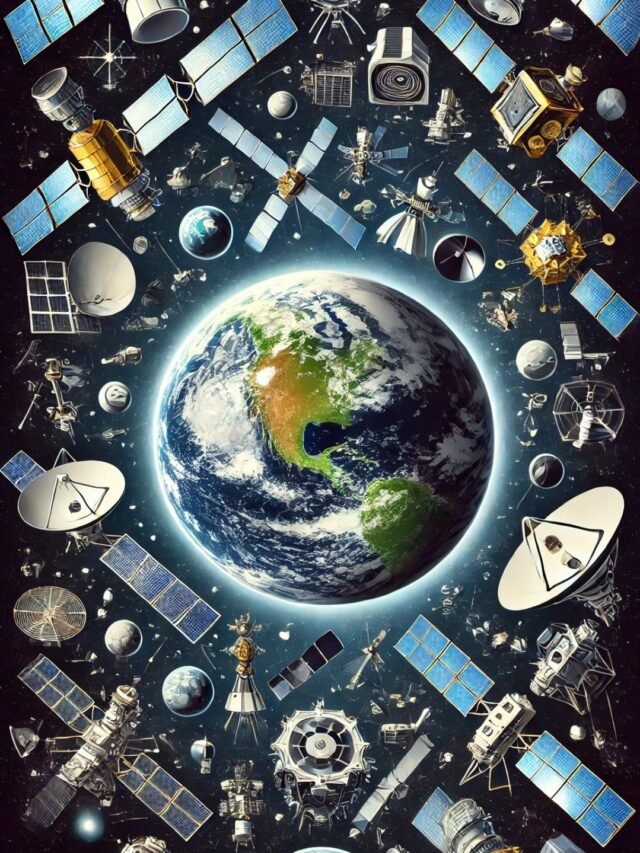 Illustration showing scientific tools and satellites orbiting Earth used for research and exploration.