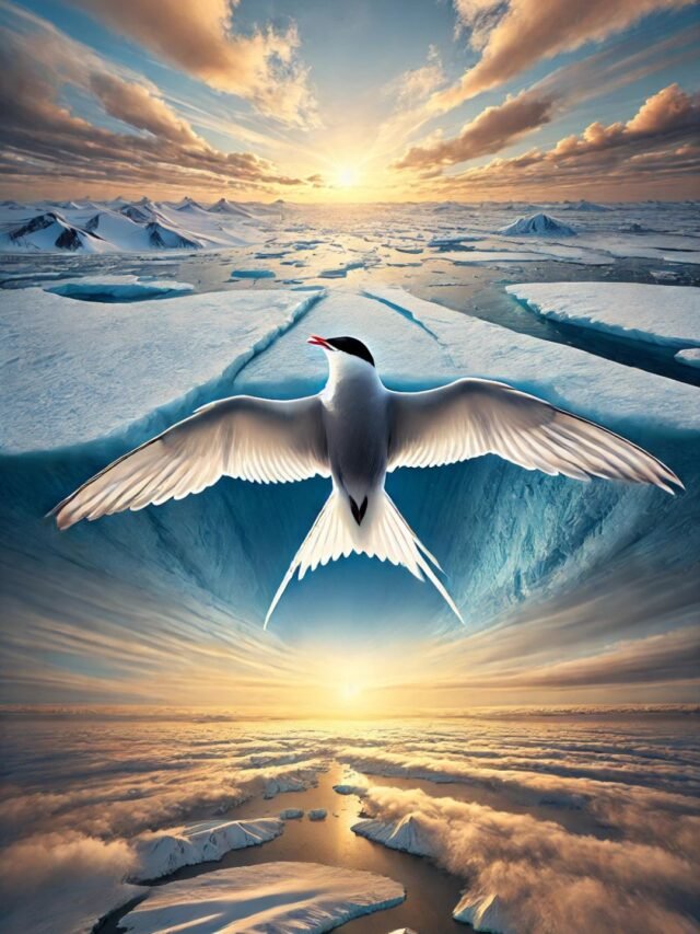 An Arctic Tern bird flying across the sky during its long migration journey