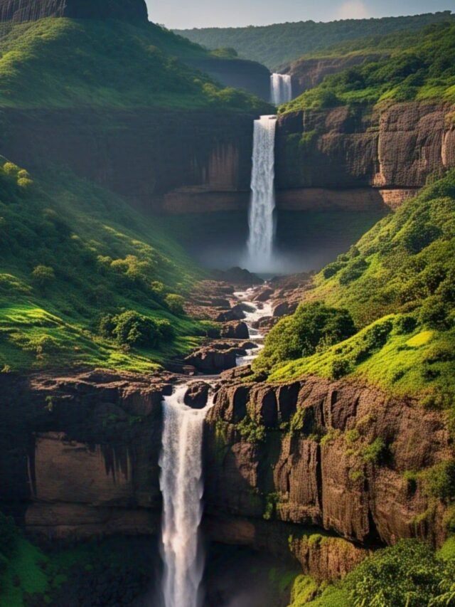 A stunning view of a natural wonder in Maharashtra, surrounded by lush greenery and hills.