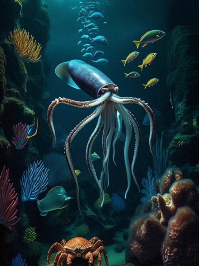 Glowing deep-sea marine animals floating in dark waters