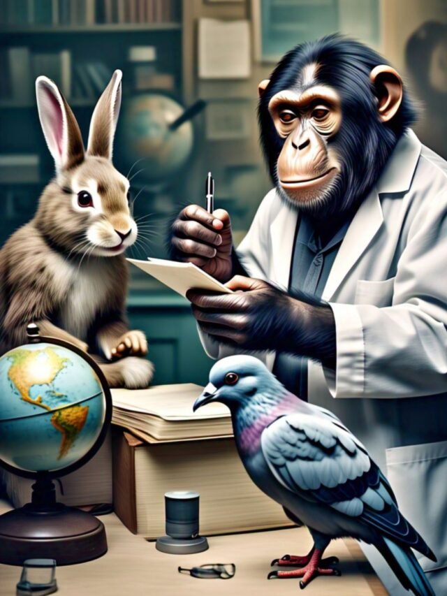 Illustration of famous scientific animals like Laika, Dolly the sheep, Alex the parrot, and a chimpanzee.