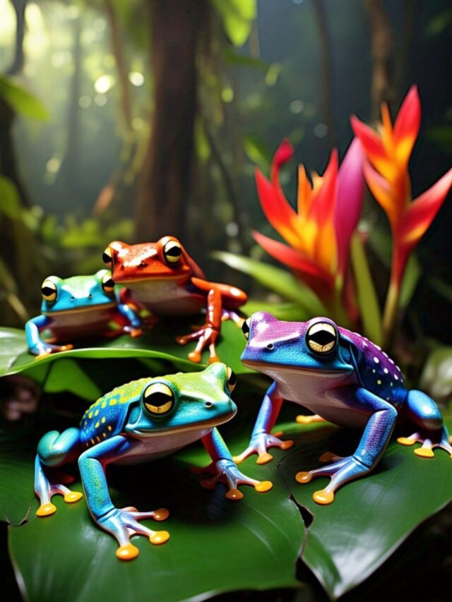 A vivid blue poison dart frog sitting on a green leaf in the rainforest.