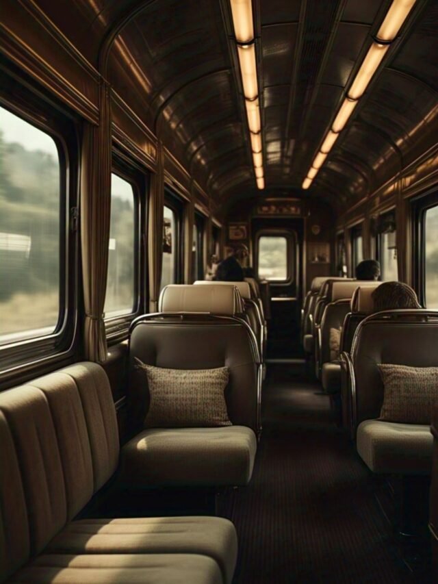 A luxurious train gliding through a scenic mountain route with elegant interiors and panoramic views
