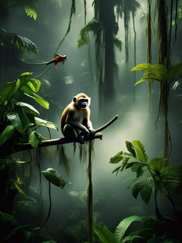 A view of dense Amazon rainforest filled with greenery and exotic wildlife