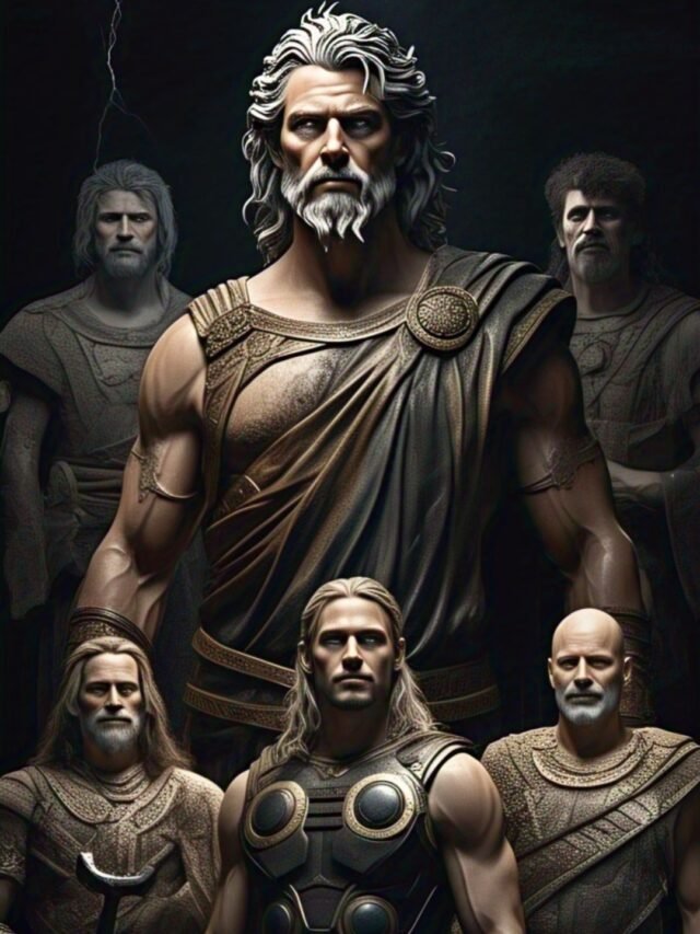 Illustration of powerful storm gods from various world mythologies controlling thunder, lightning, and storms.