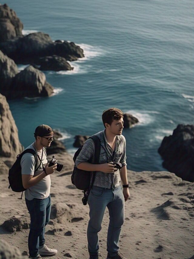 Tourists walking on a risky mountain trail with a steep drop in the background
