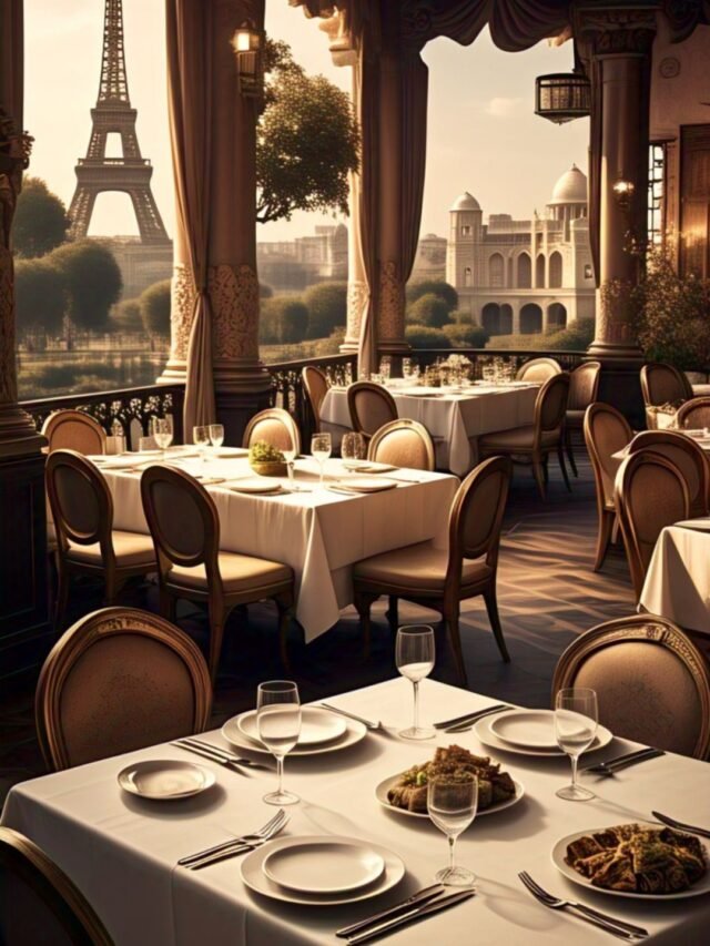Couple dining at a rooftop restaurant with Eiffel Tower view in the background