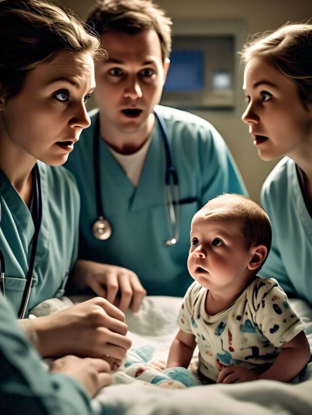 A newborn baby speaking moments after birth surrounded by shocked doctors and emotional parents