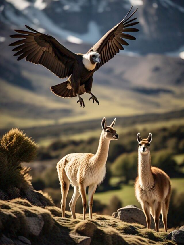 A large Andean condor flying above the snow-covered Andes Mountains with wings spread wide.