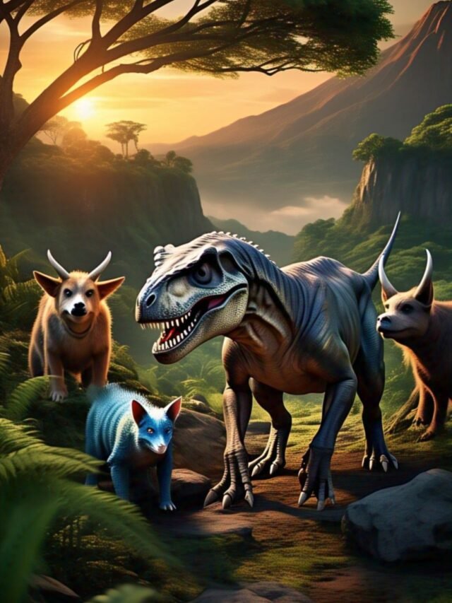 A collage of modern animals like ostrich, crocodile, chameleon, and shoebill that have traits similar to dinosaurs.