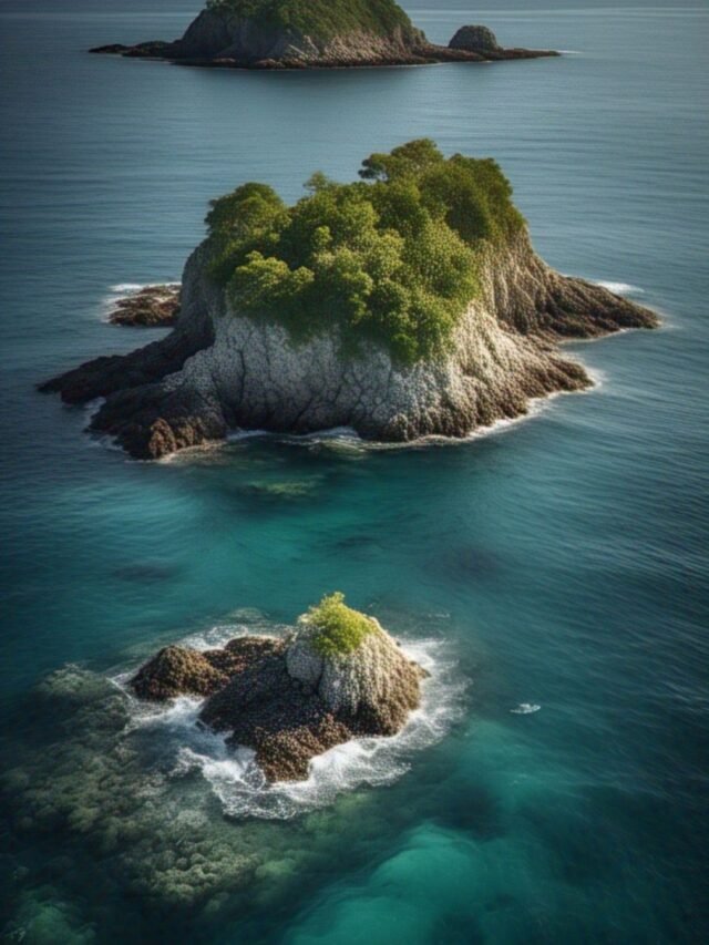 Aerial view of the world’s smallest inhabited islands surrounded by blue ocean