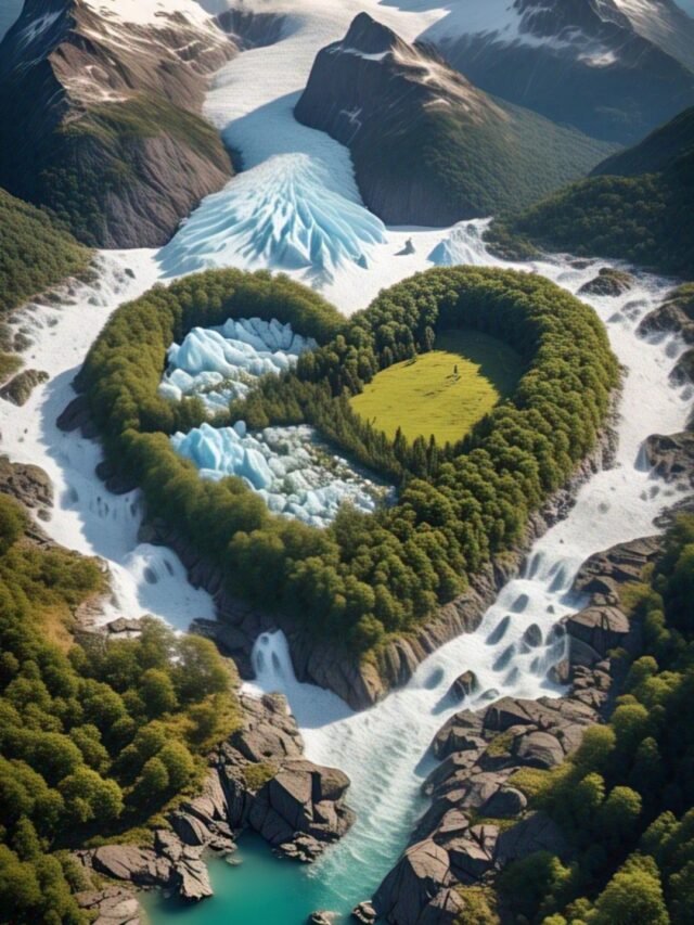 Aerial view of a heart-shaped natural landmark from around the world