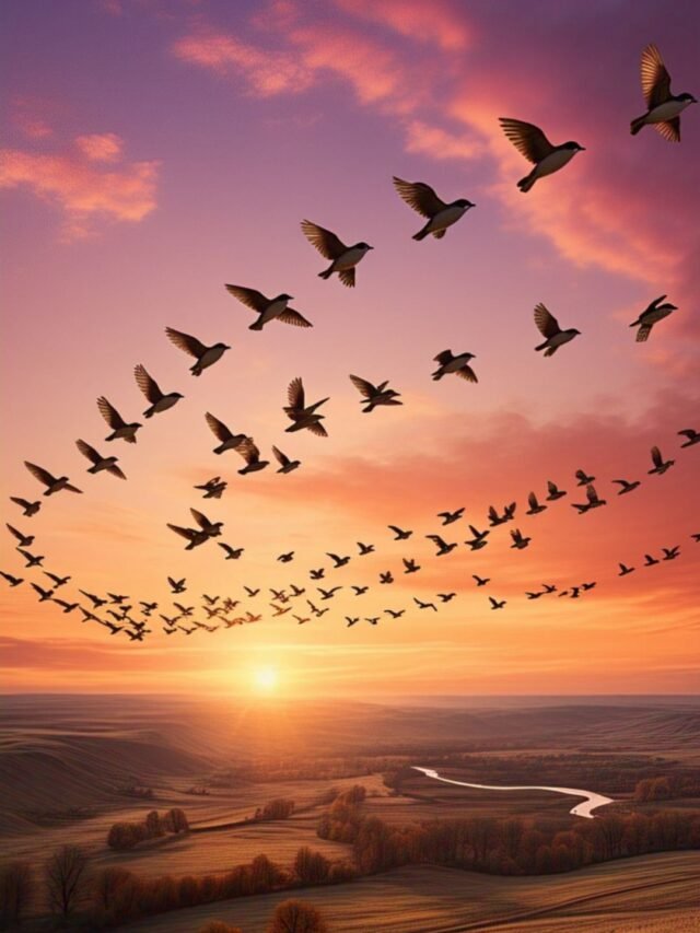 A flock of migratory birds flying over melting snow and changing landscapes due to global warming
