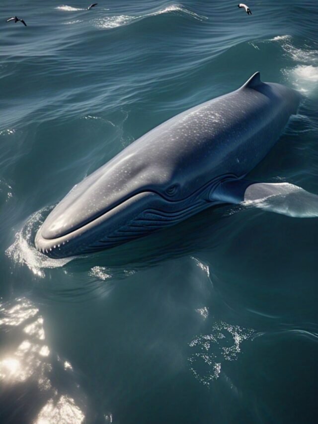 A massive blue whale swimming in the deep ocean, showcasing its enormous size.