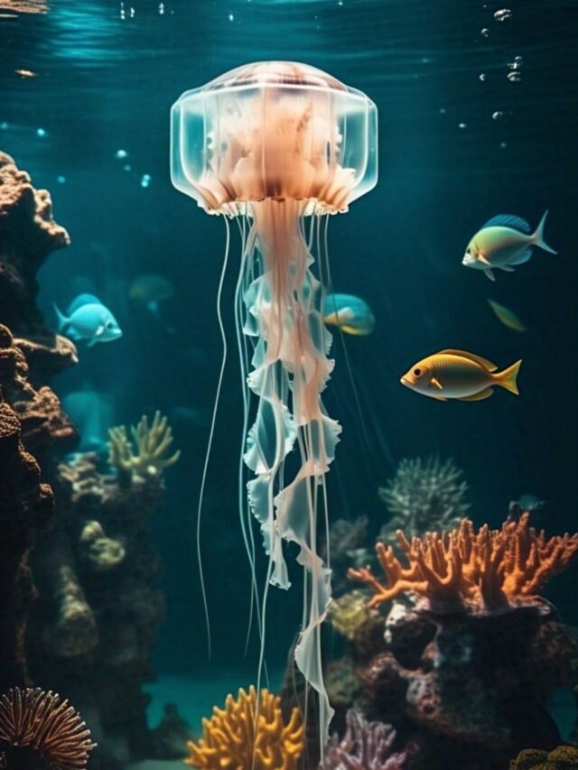 A deadly Box Jellyfish with transparent body and long venomous tentacles floating in ocean water