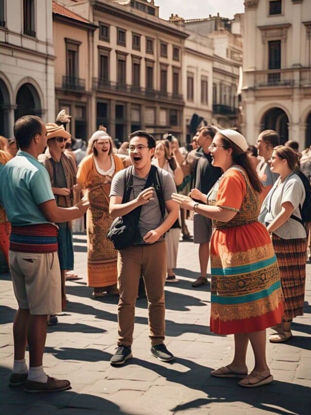 Smiling local people warmly greeting and interacting with happy tourists in various countries