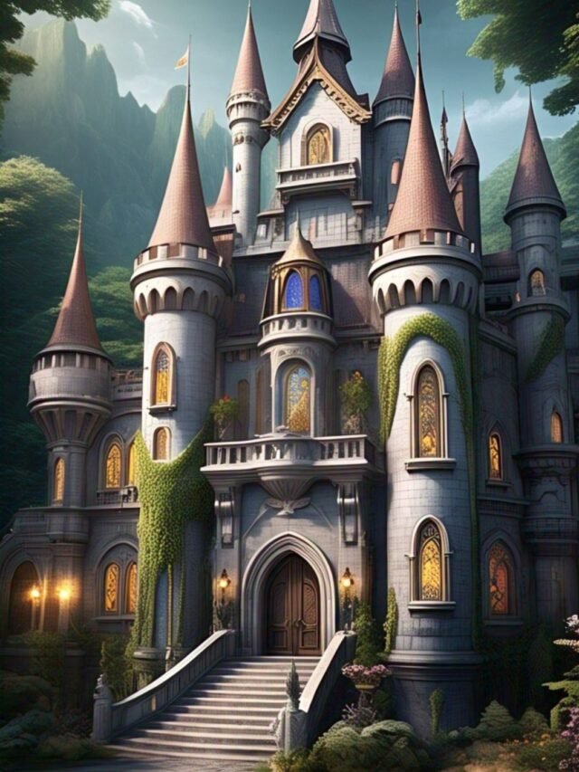 A picturesque fairy-tale castle with towers and lush gardens, illuminated beautifully at twilight.