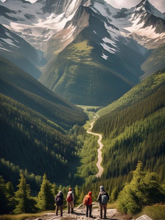Snow-capped mountain range stretching across two or more countries