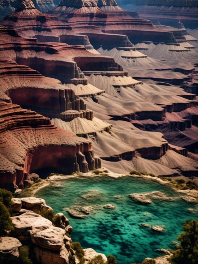 A breathtaking landscape showing a mountain peak at sunrise with a glowing sky and serene lake below.