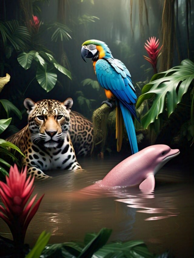A collage of rare Amazon rainforest animals like the pink dolphin, sloth, jaguar, harpy eagle, and poison dart frog