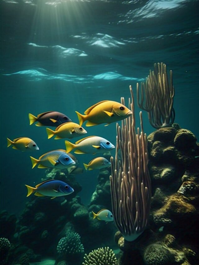 Glowing jellyfish floating in the deep ocean darkness