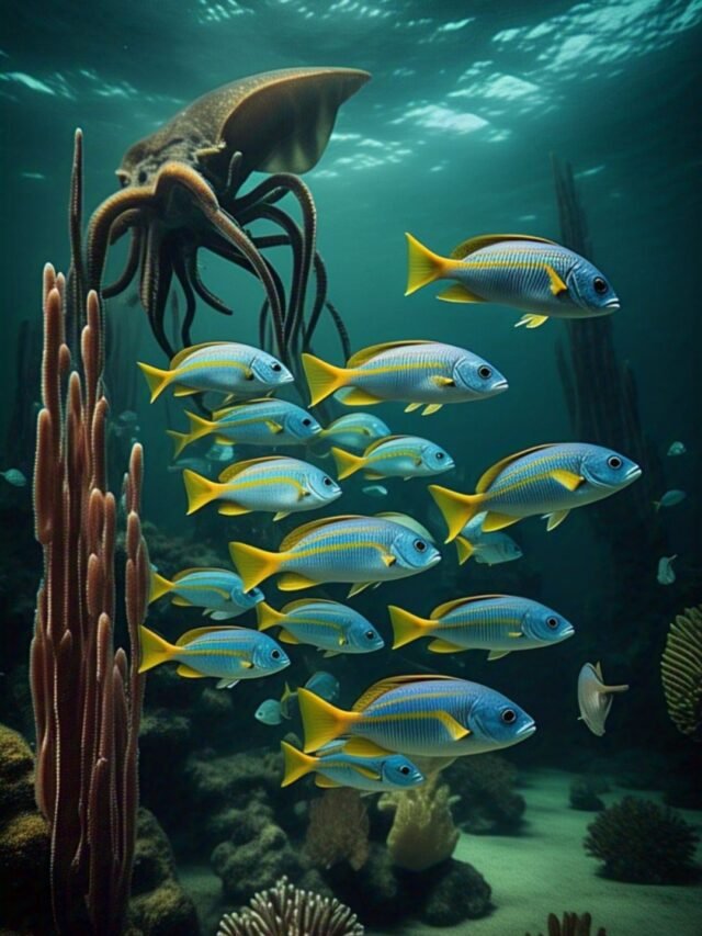 A dolphin chasing a school of fish underwater showing hunting skills