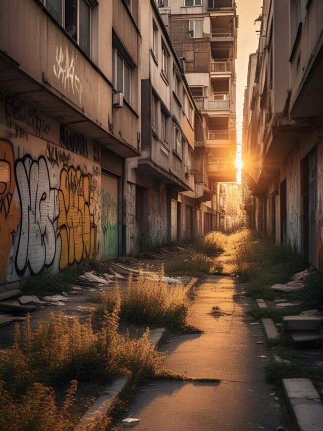 An elderly couple walking through an empty European street symbolizing declining population and aging society.