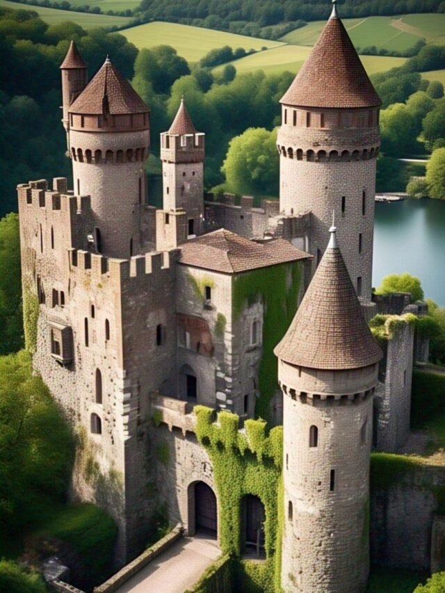 An ancient stone castle standing on a hilltop under a colorful sunset sky, surrounded by misty mountains.