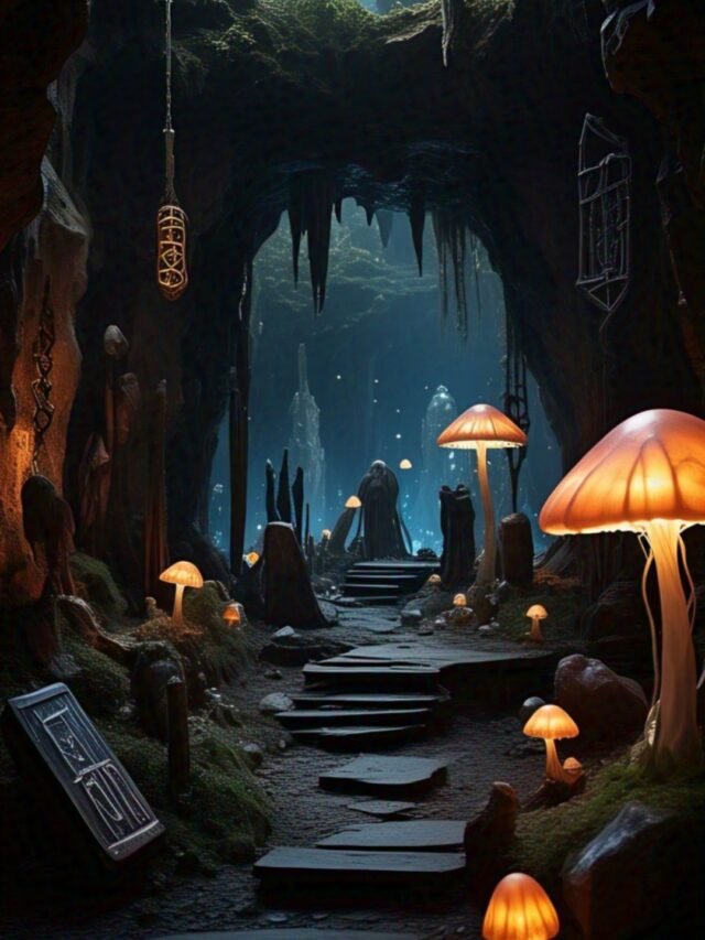 Entrance of a hidden cave in the United States covered by lush greenery and shadows