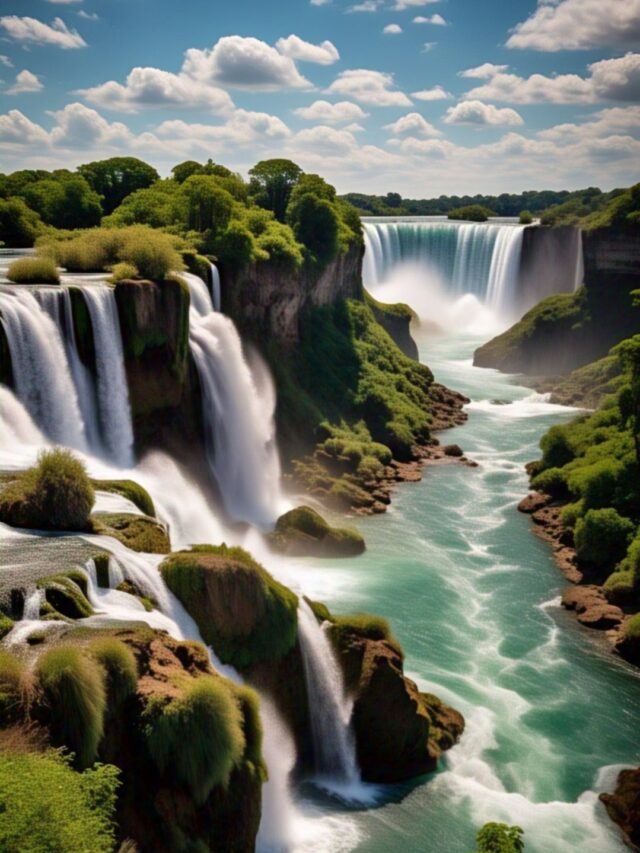 Scenic view of famous waterfalls from around the world with flowing water and natural beauty
