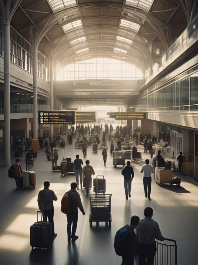 A large crowd waiting in a chaotic airport terminal near the departure gates